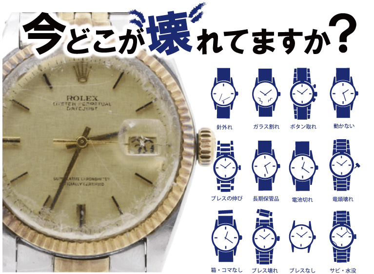 リューズガラス電池など壊れたロレックス